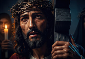 Dramatic close portrait of wounded Jesus holding wood in solemn night scene.
