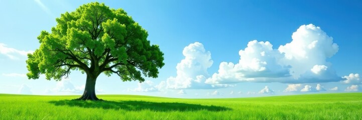 Solitary oak, canopy framed by blue sky and fluffy clouds, green field , grass, vast
