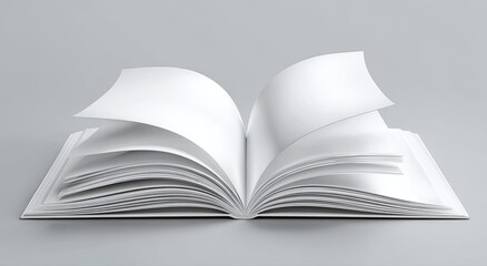 An open book with white pages, some of which are being flipped, against a gray background