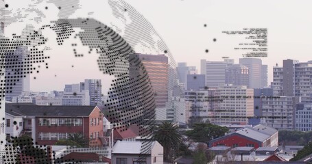 Floating halftone globe overlaying urban skyline at sunrise, showing code blocks, palms, towers