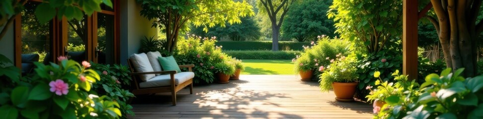 Sun-dappled patio, wooden walkway, lush garden , sunlight, landscape