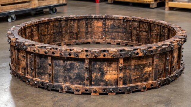 Intricately Interlocking Weathered Copper Pipes Forming a Robust Circular Industrial Ring