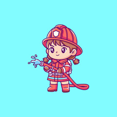 Cartoon Firefighter Girl with Water Hose