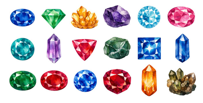 A charming watercolor collection of colorful gemstones and crystal formations, featuring faceted sapphires, emerald cuts, ruby ovals, raw amethyst clusters, quartz points, and sparkling jewel shapes.