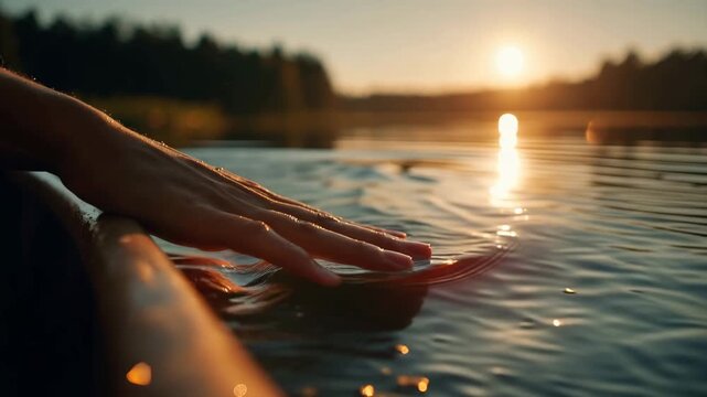 Hand touching calm lake water at sunset with golden reflection