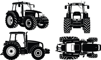 Heavy duty farm tractor silhouette set in cad drawing flat vector illustration with front side and top view for agricultural machinery design. © Sujay