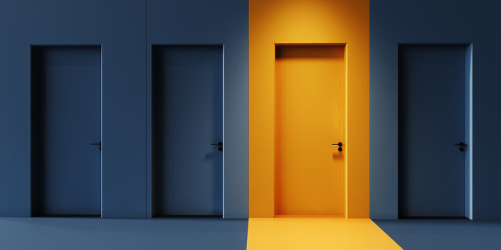 The right choice. Choose the right choice. Hallway with variety of doors. 3D Rendering, 3D Illustration

