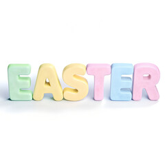 Colorful pastel letters spelling Easter on white background  