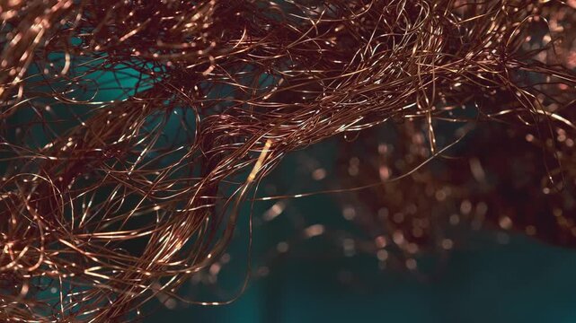 Close up of thin, twisted, and chaotically tangled copper wire against the backdrop of an industrial interior, abstract metallic from non ferrous metals in a factory environment