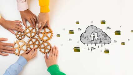 Obraz premium A dynamic representation of collaboration with diverse hands assembling gears alongside a cloud symbolizing data management and efficient file-sharing strategies for business success. Raster