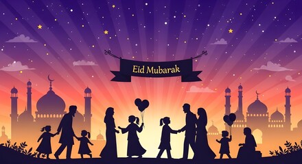 Eid mubarak family silhouette with mosque background