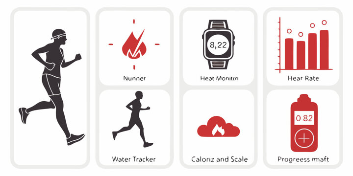 Icons representing fitness tracking, heart rate monitoring, and calorie counting for health and wellness. Vector