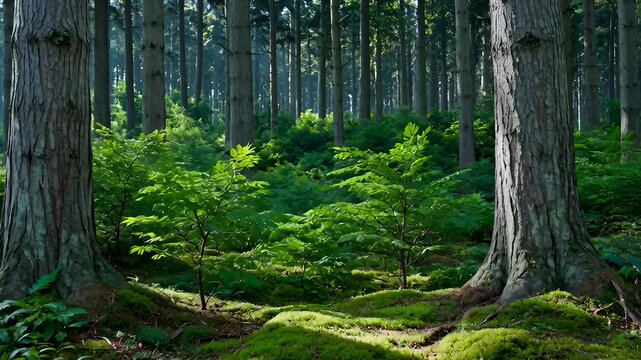 Lush Green Forest Floor With Sunlight Filtering Through Trees and Ferns
