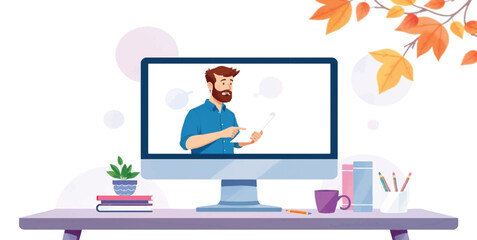 Male Teacher on Computer Screen for Online Education, Remote Learning and Virtual Webinar