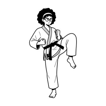 Hand drawn illustration of a woman with curly hair practicing karate in a fighting stance