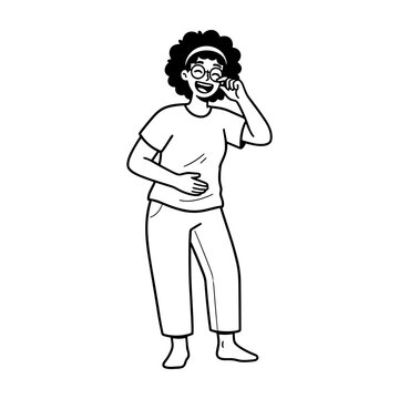 Joyful doodle of a young woman with glasses laughing and clutching her stomach illustration