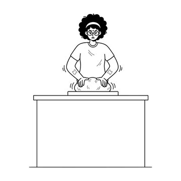 Hand drawn illustration of a frustrated woman kneading dough on a kitchen table with effort