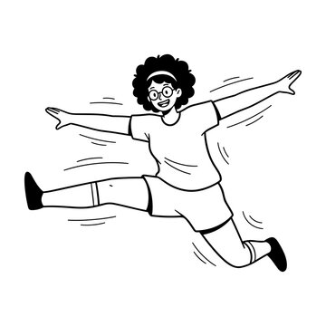 Hand drawn illustration of an energetic woman jumping with spread arms and legs