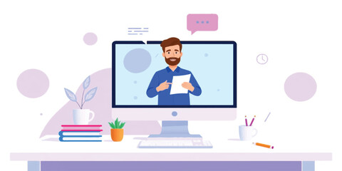 Online Education Concept Illustration with Male Teacher and Digital Learning Tools for Virtual Classroom and Webinars