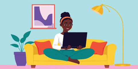 African American Woman Working on Laptop on Yellow Sofa, Cozy Home Office Remote Work Concept Flat Vector Illustration