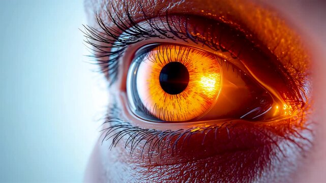 Human eye with glowing orange iris and detailed eyelashes in dramatic high resolution macro portrait