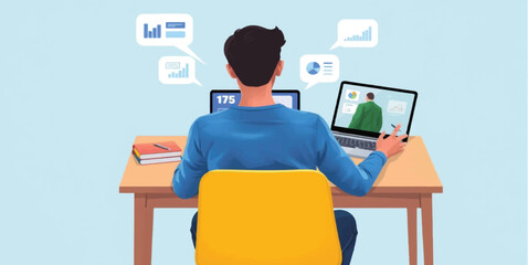 Digital Marketing Specialist Analyzing SEO Data and Business Growth Metrics on Laptop - Professional Workspace Illustration