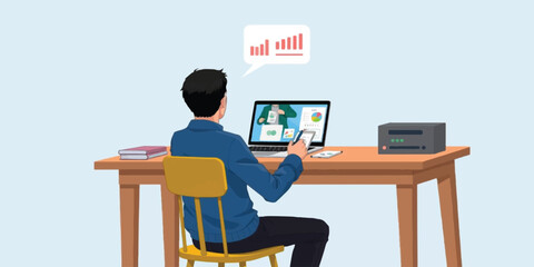 Digital Marketing Expert Analyzing Business Growth Data and Financial Charts on Laptop in a Modern Home Office Setting