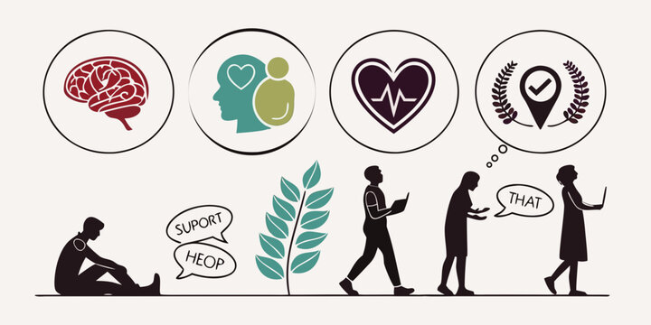 Illustration of a person's journey through mental health and self-care Vector