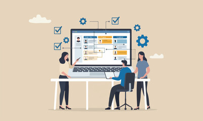 managemen plan work concept, business people team manage tasks assignment on computer laptop