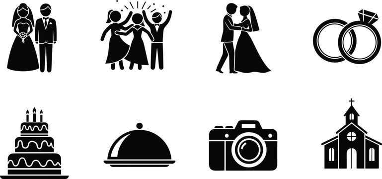 Wedding celebration icon set, bride and groom silhouettes, marriage ceremony symbols, cad drawing flat vector illustration, isolated on white background, party, church, rings