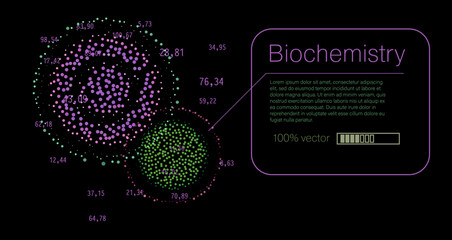 Vector illustration features a futuristic biochemistry visualization with clusters of glowing particle dots in vibrant purple, pink, green, and teal forming overlapping circular molecular clouds.