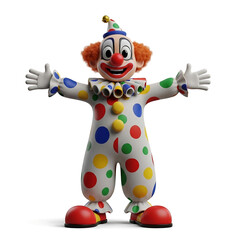 Colorful circus clown in polka dot costume with open arms isolated on white background