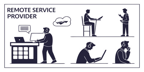 Illustration of remote service provider assisting clients in various locations Vector