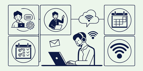 A diverse group of people using various devices and services for remote work and communication. Vector