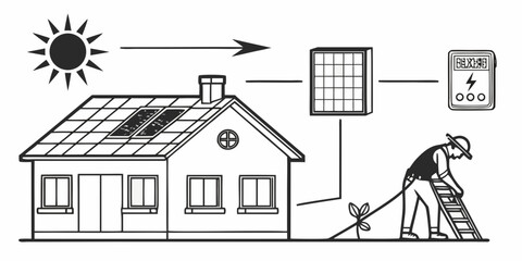 A house with solar panels and a person gardening in the yard. Vector
