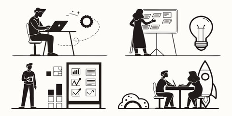 Diverse group of professionals collaborating on creative and technical projects Vector