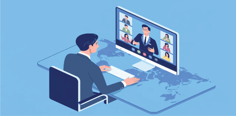 Businessman on Global Video Conference Call at Office Desk with World Map Background Representing Remote Work Virtual Meeting and International Corporate Communication