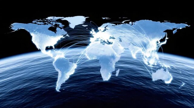 Global Network Connections: A luminous digital map of the world illustrates the intricate web of global connections, with radiant lines weaving across continents.