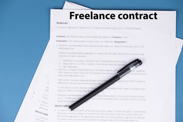 Fototapeta premium Freelance contract document on desk, professional agreement for remote work and creative collaboration, symbol of independence, flexibility, and modern digital business.
