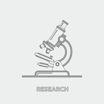 Microscope illustration in simple line art style with gray color on white background for scientific research