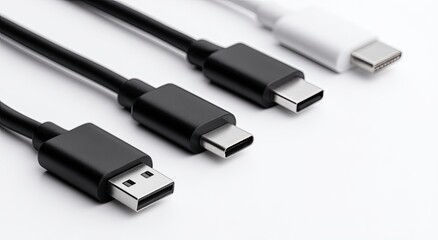 Close-up of four charging cables with different connector types, placed against a white background