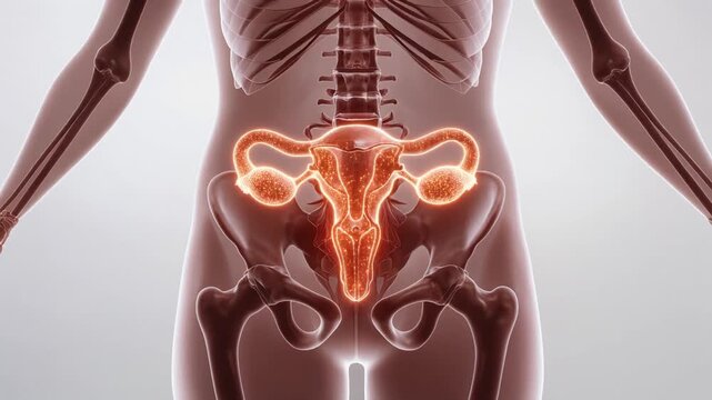 Exploring the female reproductive system and hormone release in the body with ovaries highlighted and particles shown moving through blood