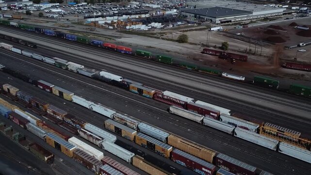 Aerial view of a vast train yard filled with freight cars and shipping containers