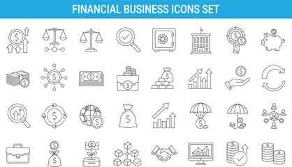 Financial business icons set, money management, banking investment growth, savings, profit analysis, economy symbols, vector line illustration collection, finance marketing concepts