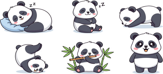 Naklejka premium Cute Panda Sleeping and Eating Bamboo Cartoon Set with Adorable Baby Panda Characters for Kids Nursery Design Stickers and Vector Illustration Collection