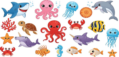Cute Sea Animals Cartoon Set with Shark, Octopus, Jellyfish, Dolphin, Crab, Turtle and Fish Characters for Kids Ocean Illustration and Nursery Design
