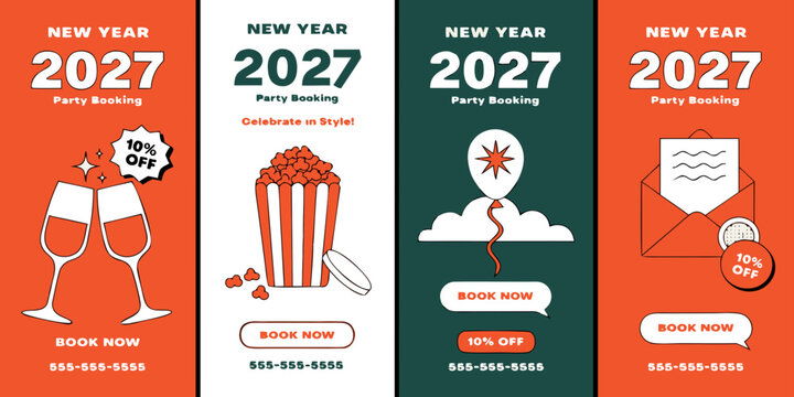 2027 New Year Party Booking Set &ndash; Colorful Illustrated Celebration Banners with Champagne, Popcorn, Balloons, and 10% Off Offers for Festive Promotions and Holiday Event Marketing