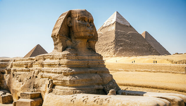 Monumental sculpture of the Sphinx and the great pyramids in the background, Giza Plateau, Egypt