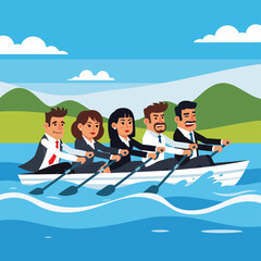 Business Team Rowing Boat Together.