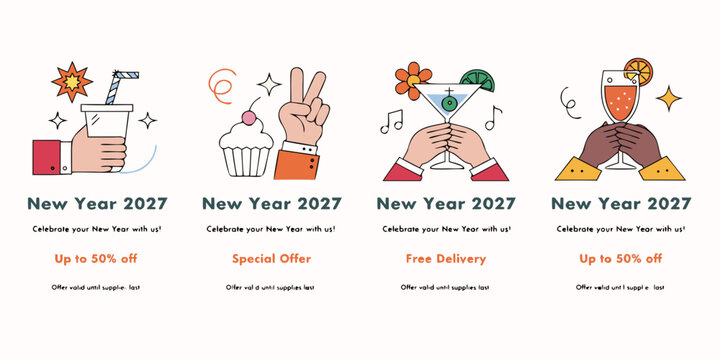 Festive 2027 New Year Promo Banner Set &ndash; Colorful Drink Illustrations, Celebration Graphics, and Special Offer Designs for Holiday Marketing, Seasonal Sales, and Event Promotions